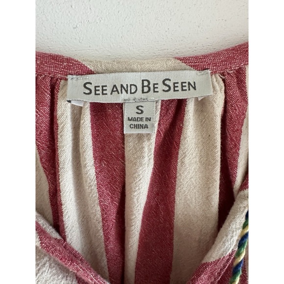 See And Be Seen Linen Bl Red Stripe Floral Embroidered Boho Top, Sz: Small (B51) - Picture 6 of 6